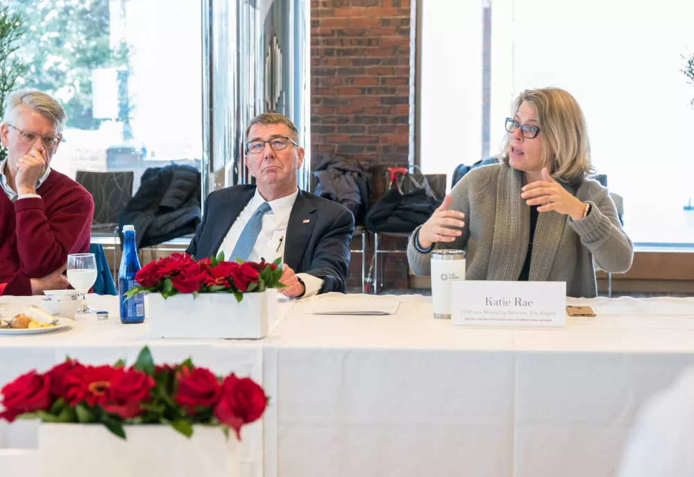 Former Secretary of Defense, Belfer Center Director, and Technology and Public Purpose Faculty Chair Ash Carter considers a point from the Engine CEO Katie Rae.