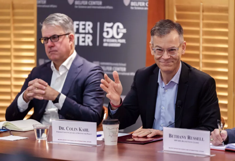 Eric Rosenbach and Dr. Colin Kahl sitting at a panel table.