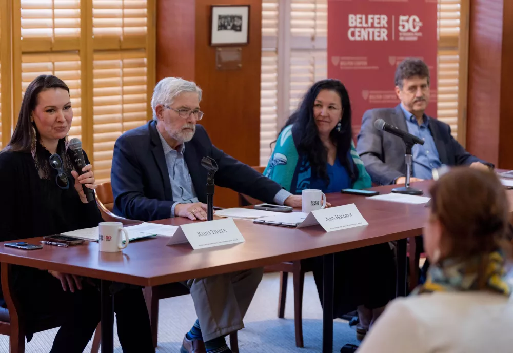 Raina Thiele, John Holdren, Jackie Qatalina Schaeffer, and David Balton discuss how to craft durable climate policy during a seminar at Harvard Kennedy School on May 15, 2024.