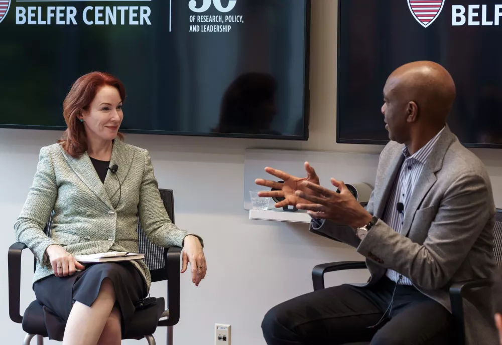 Meghan O'Sullivan with James Manyika at panel event October 2023