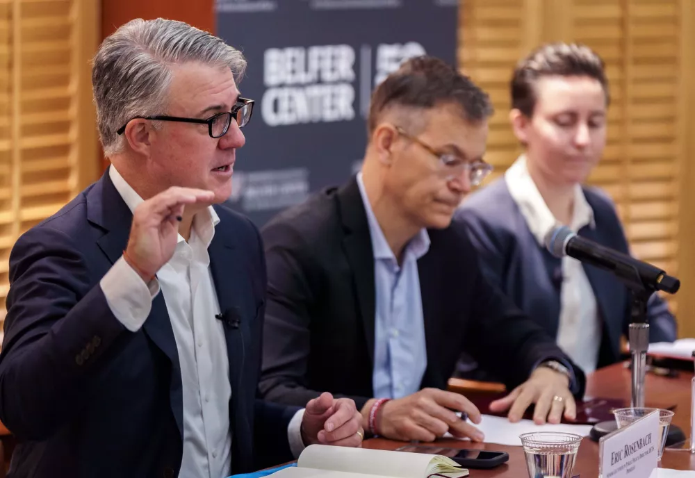 Eric Rosenbach at a Panel with Colin Kahl, and Bethany Russell, in front of students