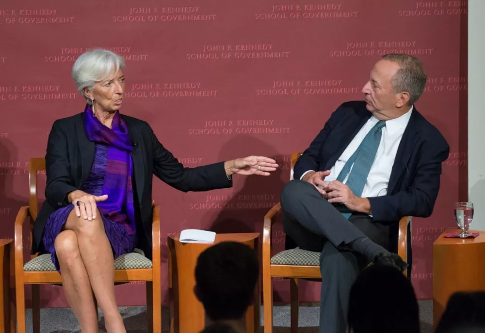 Christine Lagarde, then Chair and Managing Director of the IMF, and Larry Summers, Charles W. Eliot University Professor