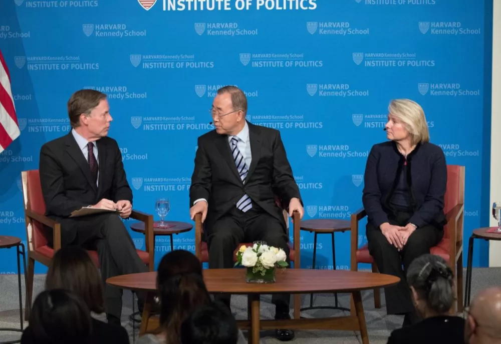 Nicholas Burns, Faculty Chair, Ban Ki-moon, former UN Secretary-General, and Susan Thornton, former acting Assistant Secretary of State for East Asian and Pacific Affairs
