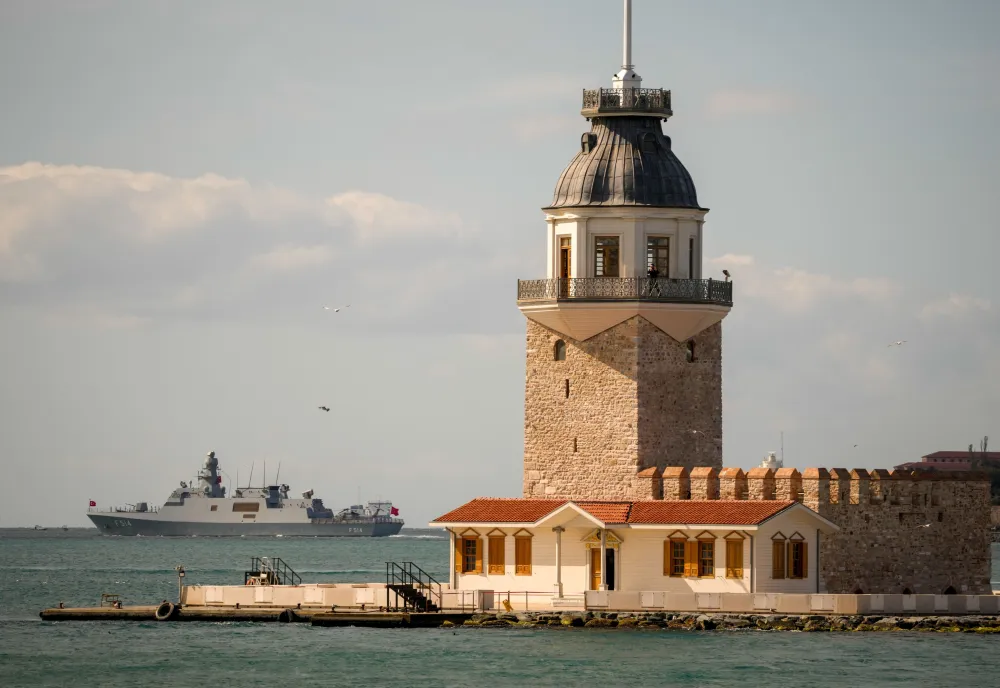 TCG Kinaliada corvette sails during a naval parade on the Bosphorus marking the 487th anniversary of the Preveza naval battle and celebrating the Turkish Naval Forces day, in Istanbul, Turkey, Saturday, Sept. 27, 2025. (AP Photo/Emrah Gurel)
