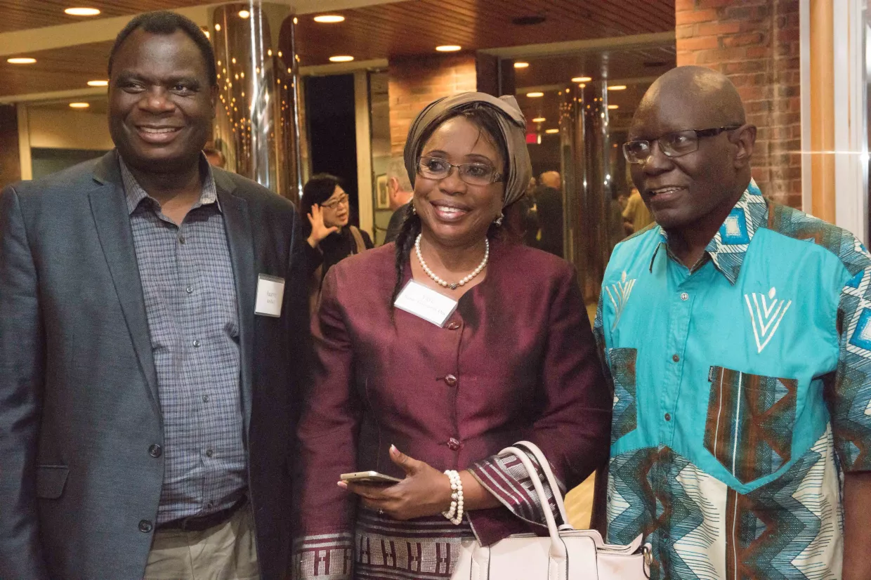 African Innovation: The Belfer Center’s Calestous Juma (right), with Aggrey Ambali (left), Head of NEPAD’s Science, Technology and Innovation Hub, and panel Co-Chair Yaye Kène-Gassama Dia, at a Kennedy School reception hosted by Juma for the High-Level Panel on Emerging Technologies of the African Union.