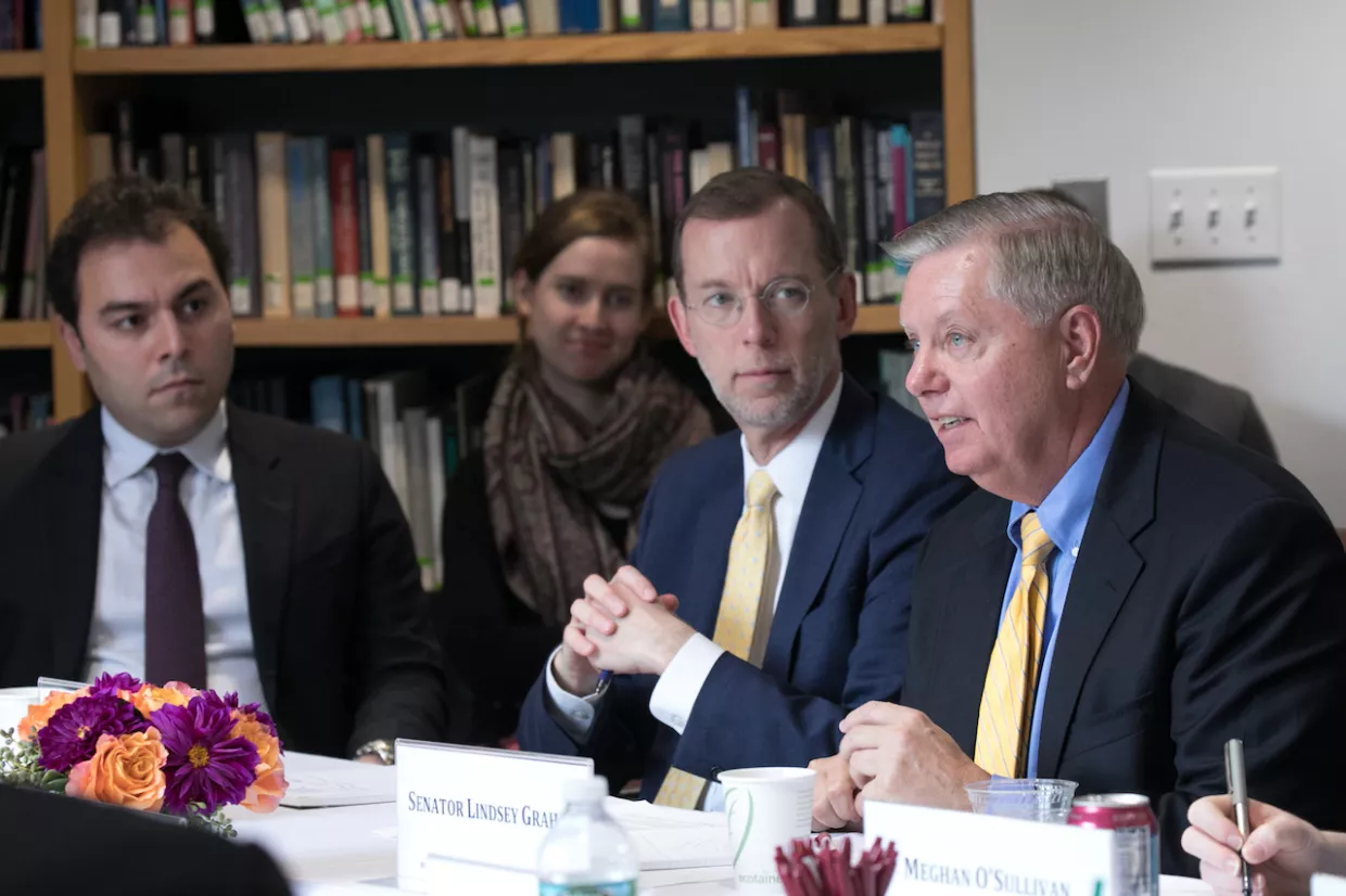 Policy Prescriptions: U.S. Senator Lindsey Graham speaks at a Belfer Center seminar during a discussion about the Iran nuclear agreement and other issues. Iran Project Director Payam Mohseni (left) and Harvard Kennedy School Dean Doug Elmendorf were among the discussion participants.