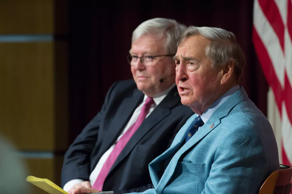 Lessons from History: Graham Allison (right), Douglas Dillon Professor and former Director of the Belfer Center, at a JFK Jr. Forum moderated by Kevin Rudd, former Prime Minister of Australia. The event focused on applying lessons from Thucydides and the Cuban Missile Crisis to current challenges with China.