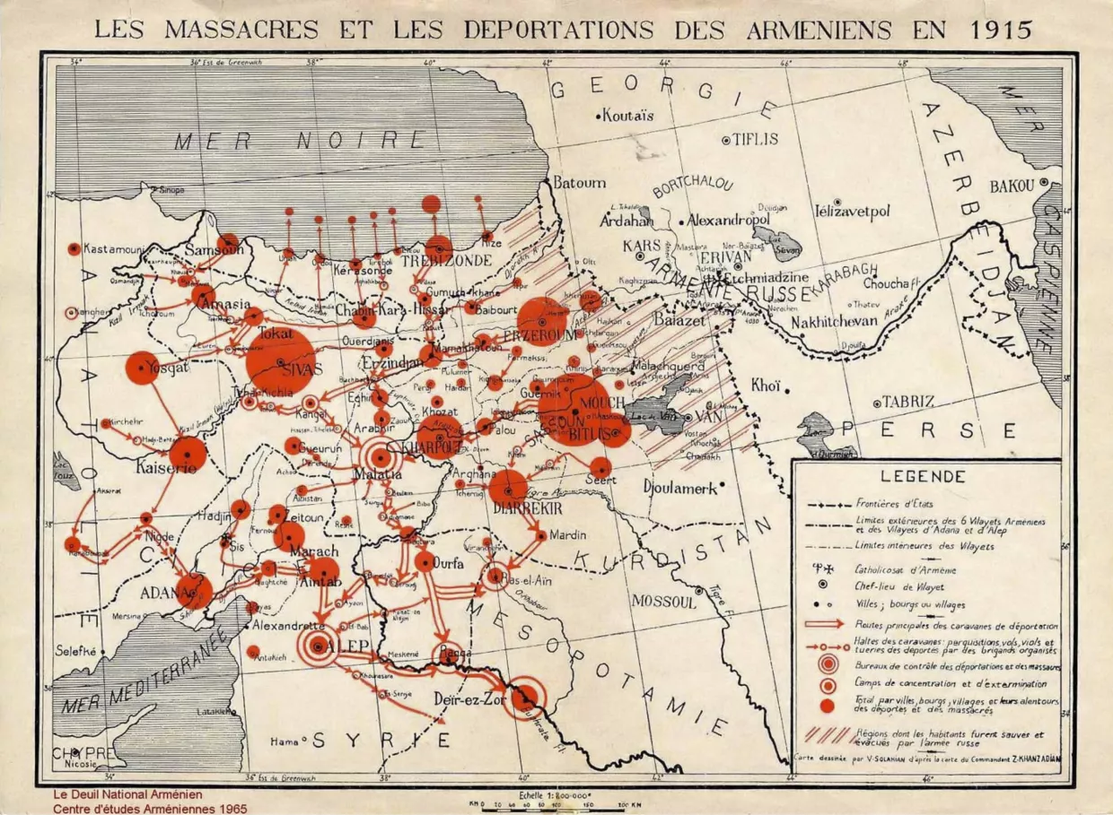 Map of the Armenian Genocide showing sites of massacres and deportation routes. Rapport sur l'Unité Géographique de l'Arménie. Atlas Historique," Facsimilé Héliographique des 25 Cartes de l'Antiquité, du Moyen Âge, des Temps Modernes et Contemporains, Paris : s.n., 1919, carte n°24.