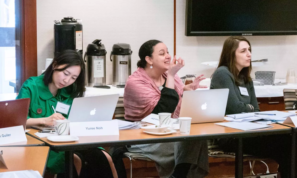 MEI’s Hind Ahmed Zaki (center) makes a point during the feminisms workshop. Also pictured: Yuree Noh (left), and Lihi Ben Shitrit (right).