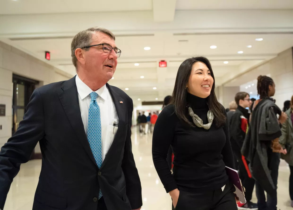 Ash Carter and Laura Manley in the halls of the U.S. Capitol.