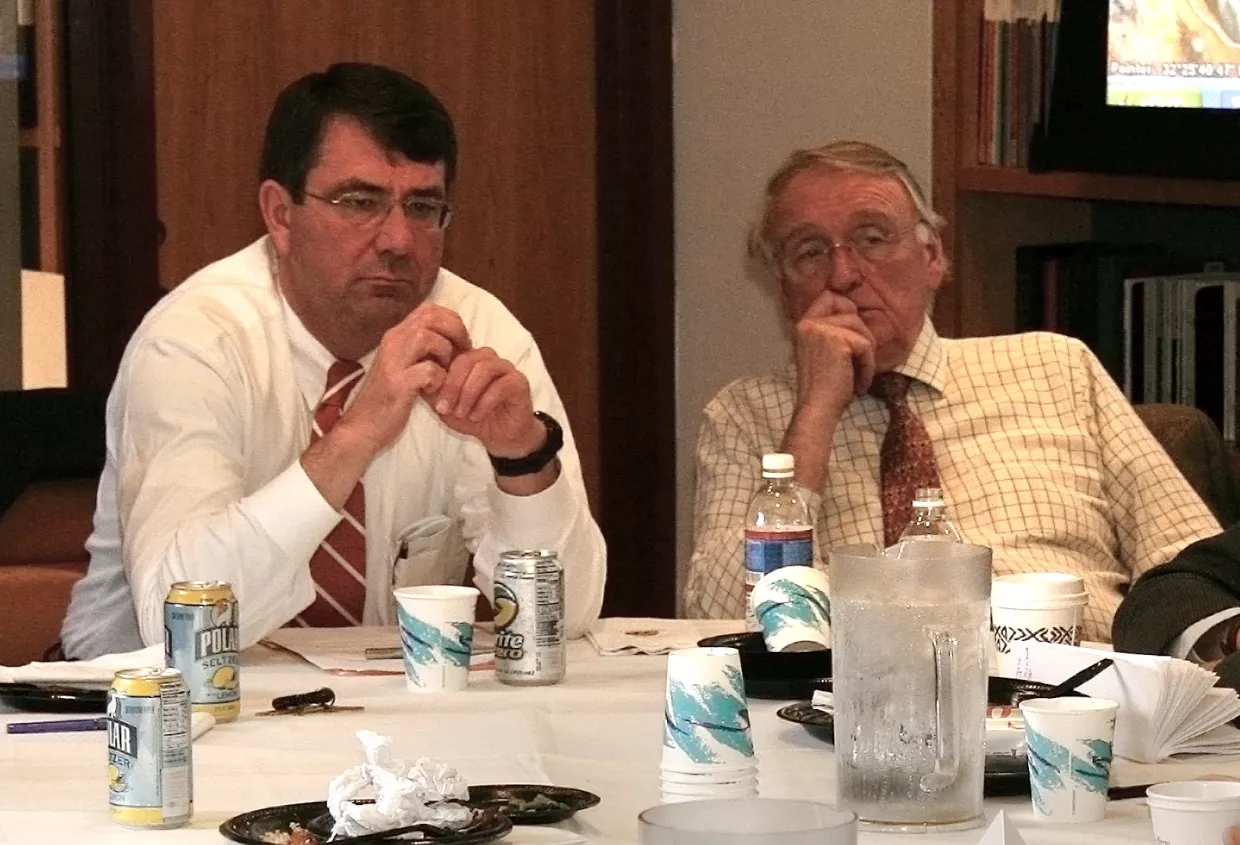 Ash Carter and Karl Kaiser at an event in the Belfer Center library in 2008.