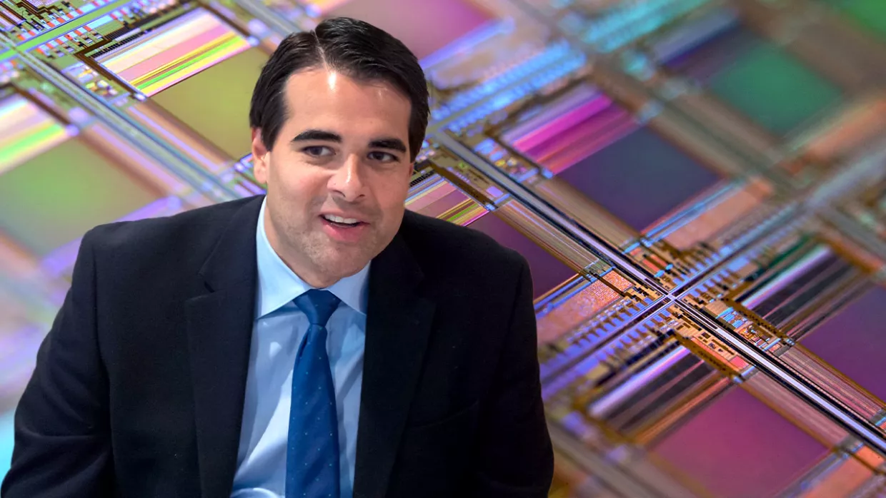 Doug Calidas superimposed against iridescent computer chips.