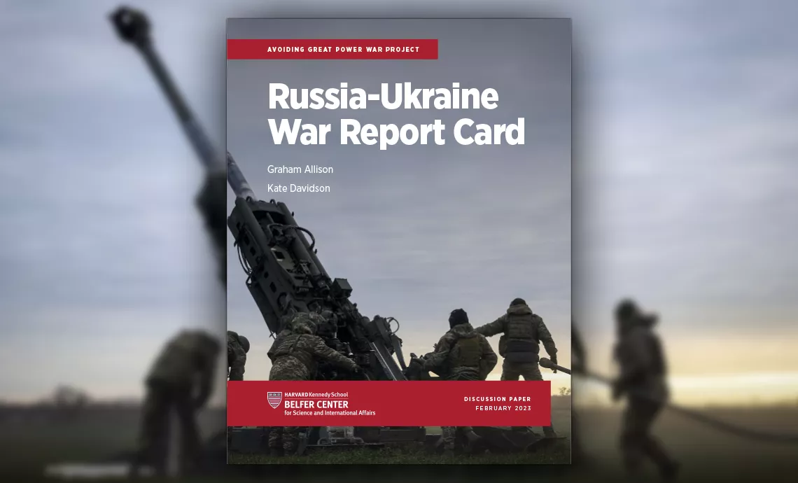 Russia-Ukraine War Report Card cover against a blurred background image.