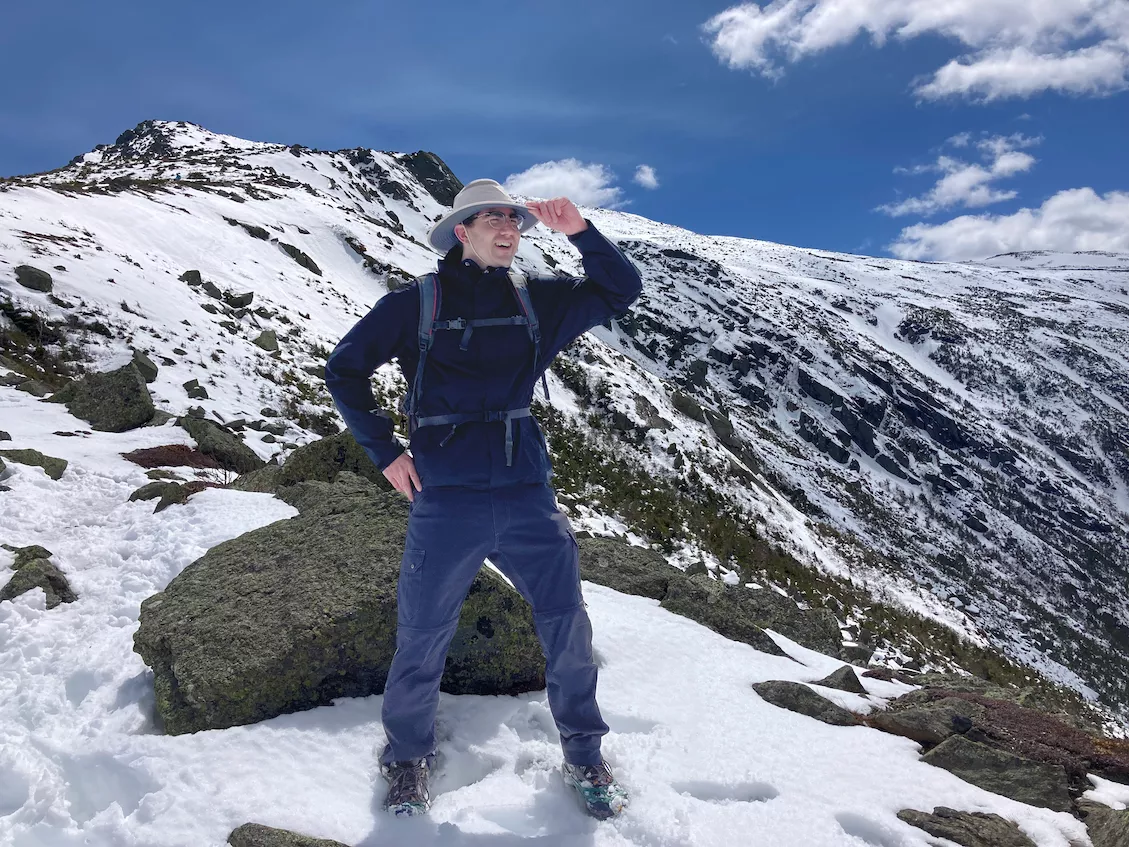 Evan Sankey near the summit of a snow-covered mountain in New Hampshire.