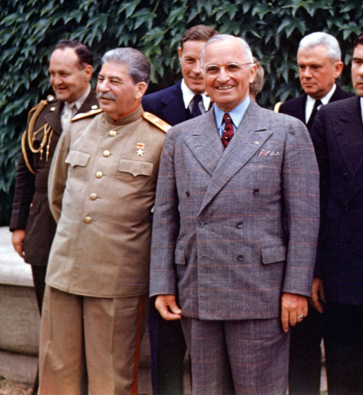 A color photo of President Harry S.Truman standing next to Joseph Stalin at the Potsdam Conference.