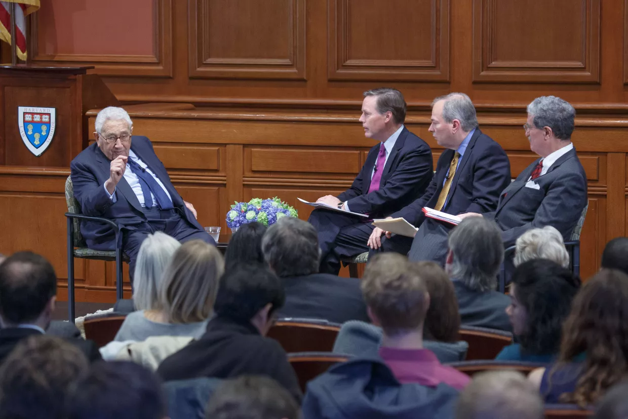 Henry Kissinger speaks at an American Secretaries of State Project event moderated by Nicholas Burns, James Sebenius, and Robert Mnookin at Harvard Law School.