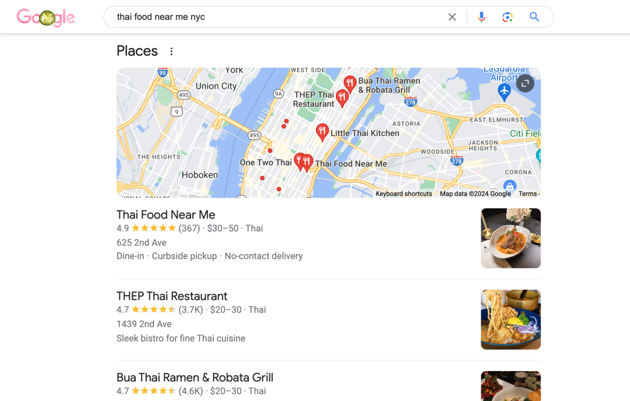 A screenshot of Google search results for "Thai food near me NYC," displaying a map of Manhattan and addresses and ratings of three restaurants.