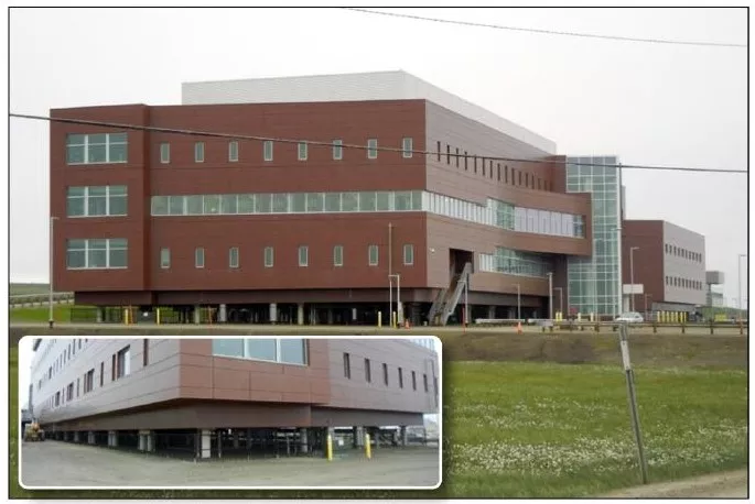 Hospital in Nome built above the ground to avoid thawing the permafrost.