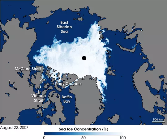 This image shows sea ice around the Northwest Passage as observed by the Advanced Microwave Scanning Radiometer for EOS (AMSR-E) aboard NASA’s Aqua satellite on August 22, 2007. McClure Strait, Parry Channel, Victoria Strait, and McClintock Channel (north of Victoria Strait), all appear nearly ice-free. North of McClure Strait, an area of sea ice remains, but it is fragmented.