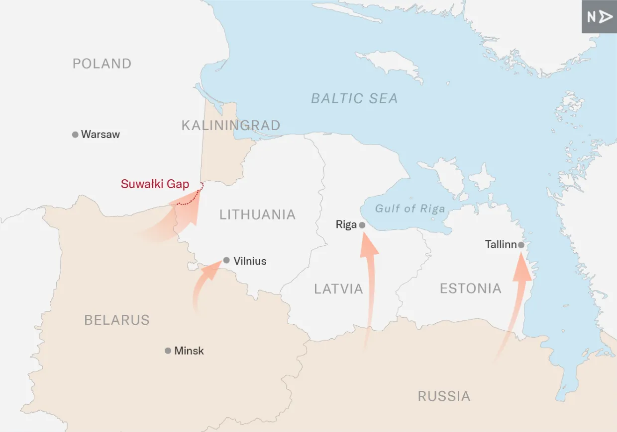 Map illustrating a hypothetical Russian military advance to cut off the Suwałki Gap, with additional arrows indicating a broader offensive into the Baltic states. Lithuania, Latvia, Estonia, Belarus, Poland, and Russia are labeled, along with the capital cities of Vilnius, Riga, Tallinn, and Minsk.