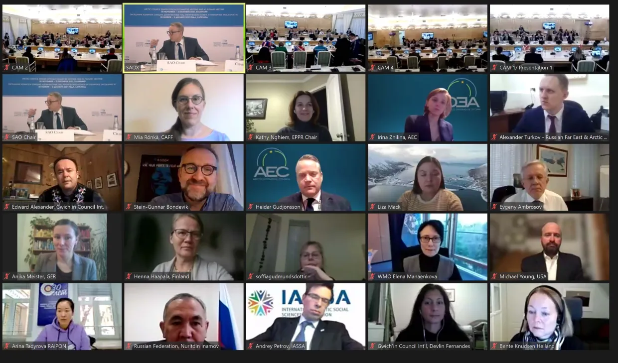 A screenshot of the virtual participants of the Senior Arctic Officials' plenary meeting in Salekhard, Russia, on December 1-2, 2021.