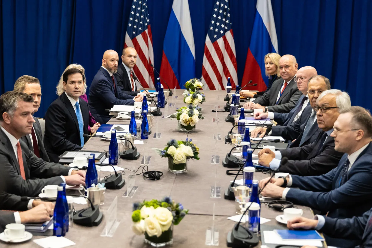 U.S. Secretary of State Marco Rubio, center left, meets with Russian Foreign Minister Sergey Lavrov, center right, as part of the 80th session of the United Nations General Assembly at the Lotte Palace Hotel, Wednesday, September 24, 2025, in New York. 