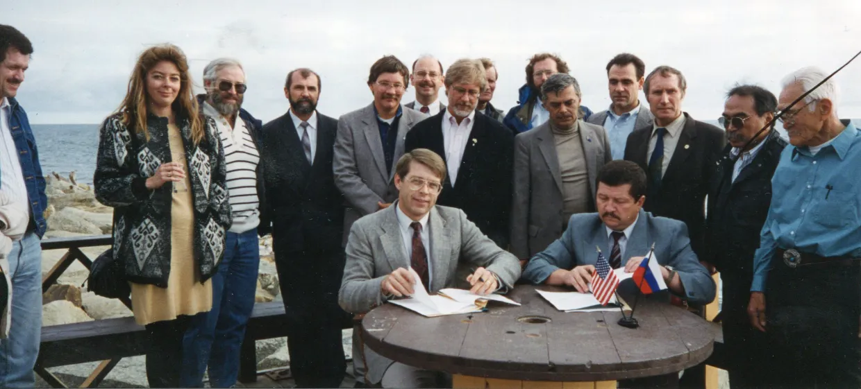 U.S. and Russian wildlife managers discuss polar bear management during a meeting in Nome, Alaska in the 1990s.