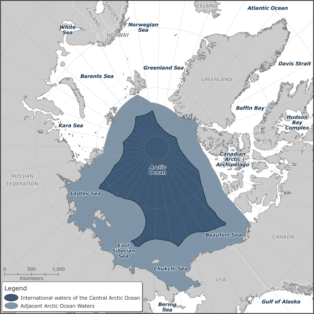 A map showing the international waters of the Central Arctic Ocean, depicted with adjacent waters.