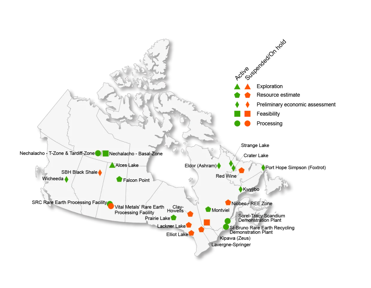 A map that shows rare earth elements projects in Canada.
