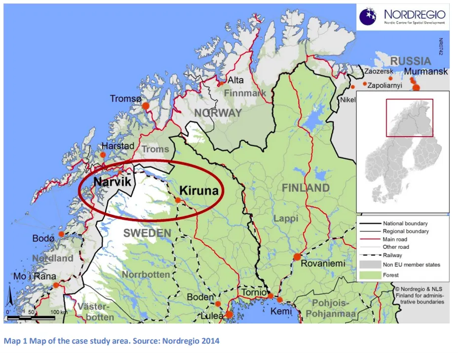 A map that shows the towns of Narvik and Kiruna in northern Sweden.