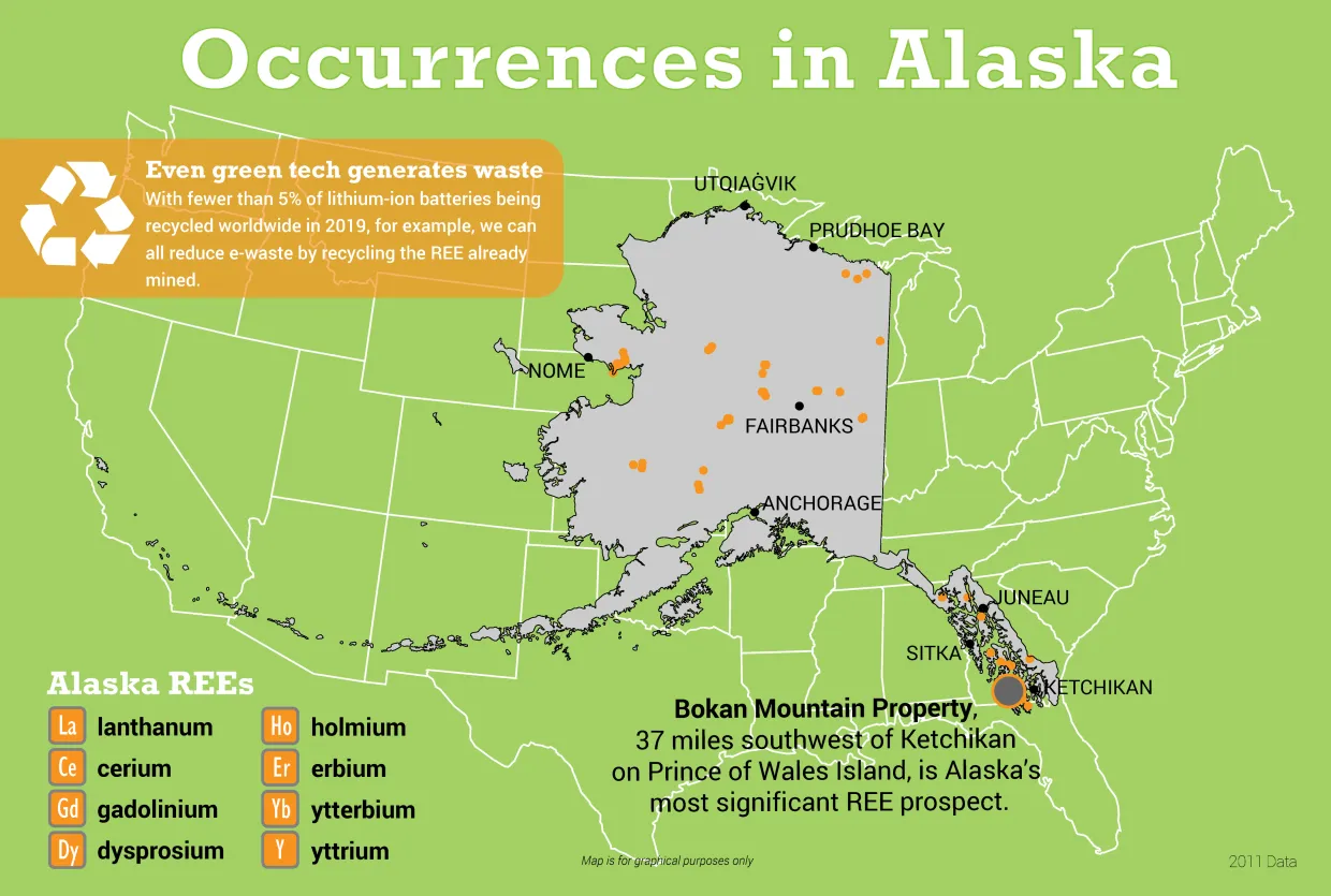 A map that shows occurrences of rare earth elements in Alaska.