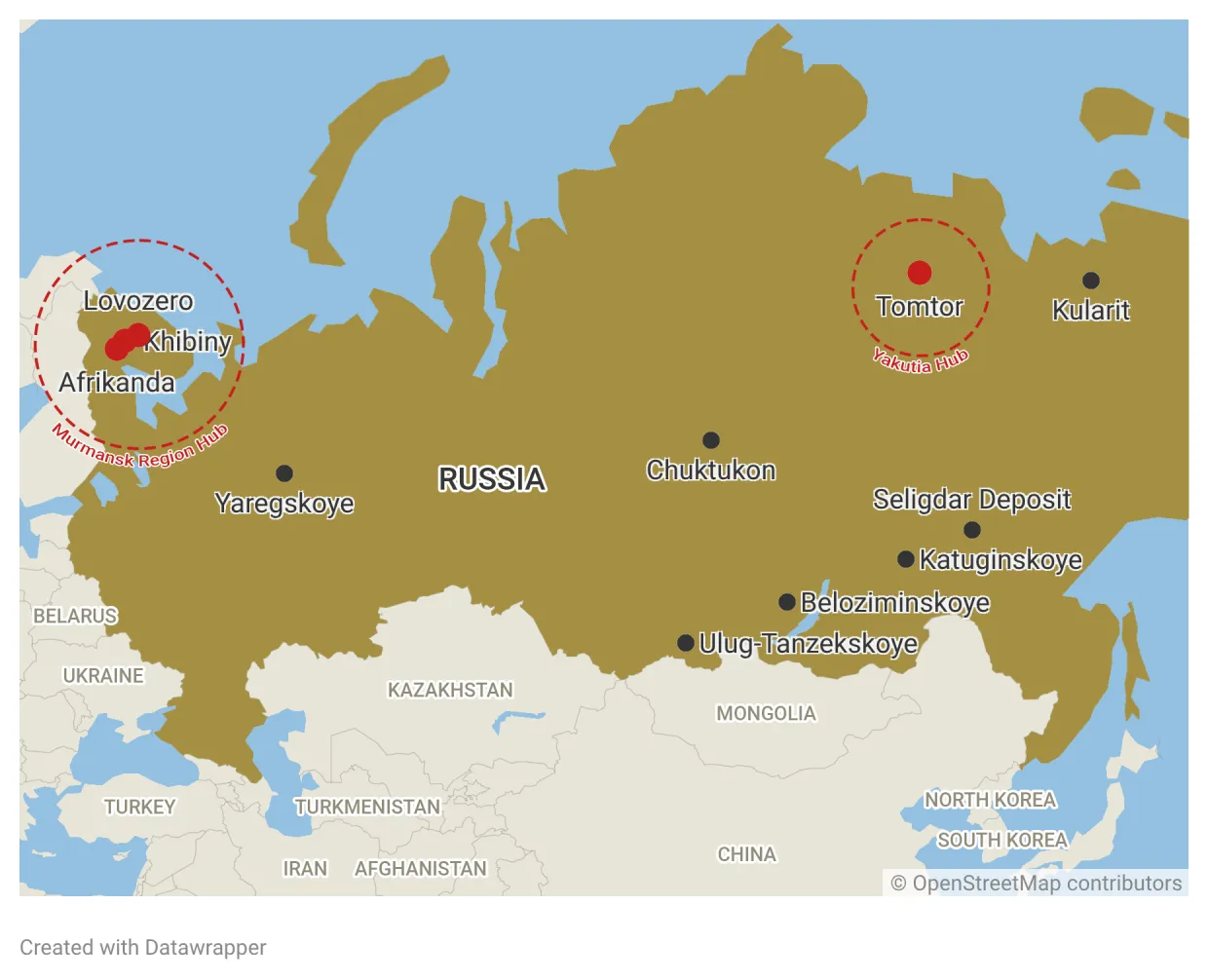A map that shows major rare earth element deposits in Russia.
