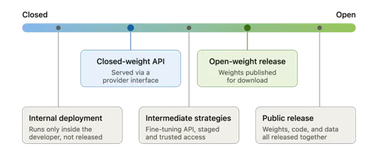 AI model deployments lie on a spectrum from fully closed to fully open. The spectrum of deployment ranges from completely closed internal deployments to fully public releases of AI systems with closed-weight API and open-weight deployments being the predominant types.