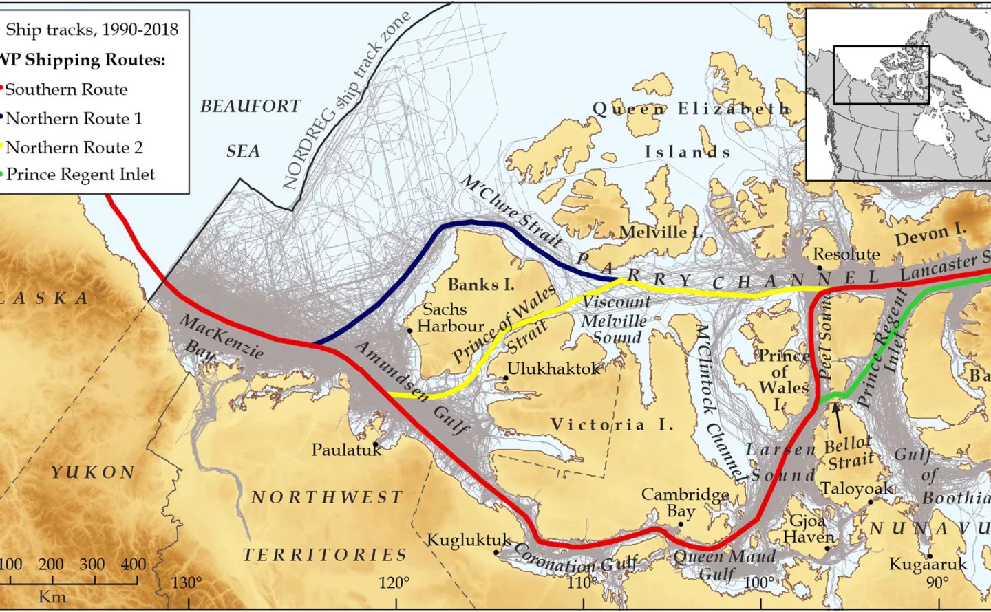 The map shows all ship tracks 1990–2018 (grey lines), and shipping routes (four different line colors) along the Northwest Passage.