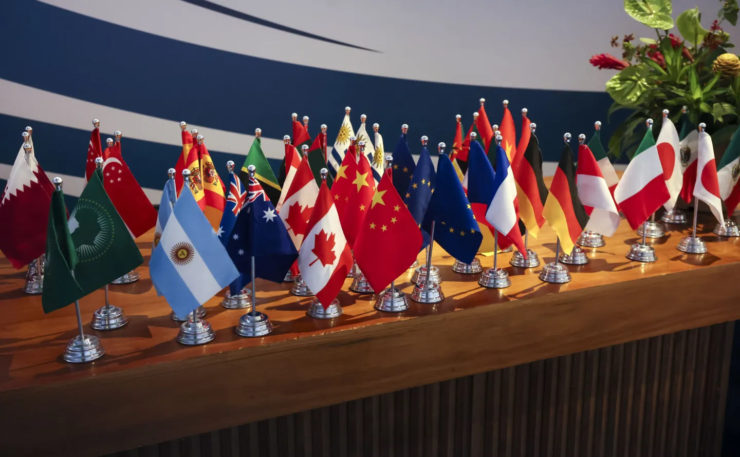 Miniature flags are displayed at the G20 summit in Rio de Janeiro, Brazil, Tuesday, Nov. 19, 2024. (Leah Millis via AP, Pool)