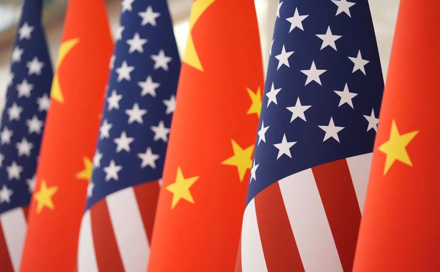 The U.S. and Chinese flag at the Great Hall of the People prior to the state dinner of President Donald Trump and Chinese President Xi Jinping on Thursday May 14, 2026, in Beijing. (AP Photo/Mark Schiefelbein)