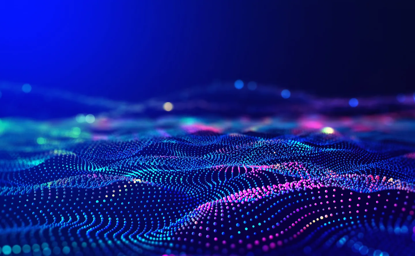 Cyber big data flow. Blockchain data fields. Network line connect stream. Concept of AI technology, digital communication, science research, 3D illustration music waves See Less
