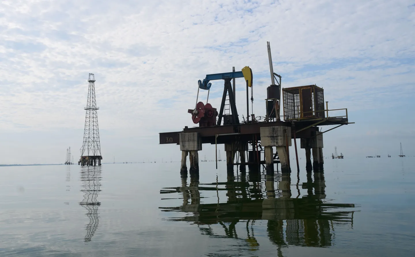 An oil pumpjack operates on Lake Maracaibo in Cabimas, Venezuela, Wednesday, Sept. 2, 2026. (AP Photo/Ariana Cubillos)