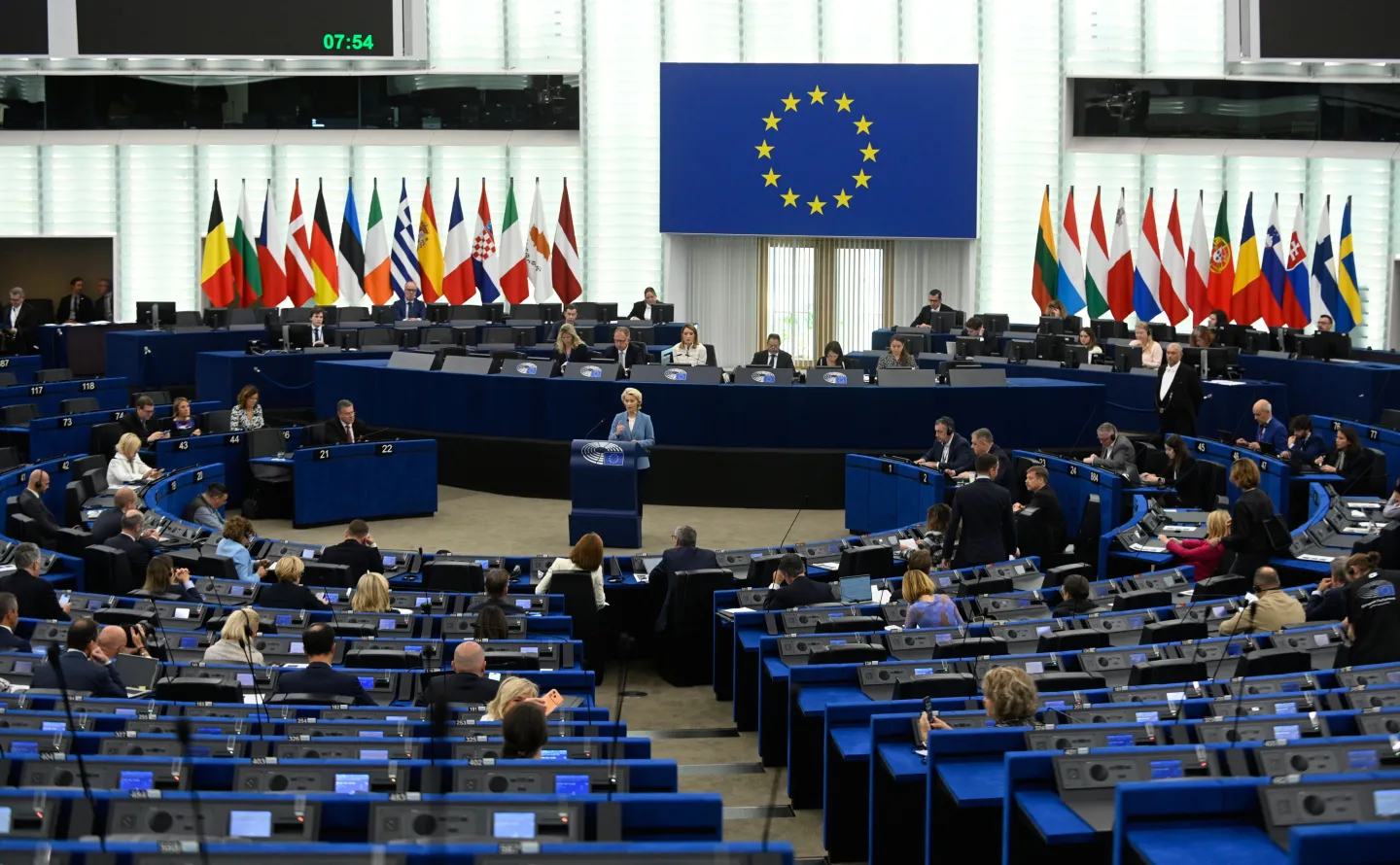 European Commission President Ursula von der Leyen, center, attends a joint debate ahead to the 15-16 October EU summit in Strasbourg, France, Tuesday, Oct. 6, 2026.