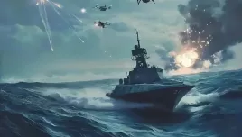 An AI generated image of a drone ship sailing on stormy seas with flying drones and explosions in the sky.