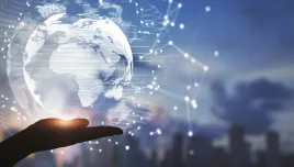 A hand beneath a glowing stylized version of the globe