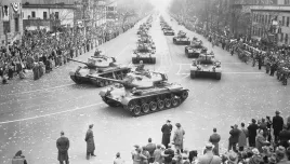 Army medium tanks move along Pennsylvania Avenue during the Inaugural Parade for President Dwight D. Eisenhower, Jan. 21, 1953, in Washington. Front tanks are turning into 15th Street on way to the reviewing stand set up in front of White House. (AP Photo, File)