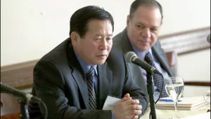 North Korean Ambassador to the UN Song Ryol Han (left) and Don Oberdorfer, adjunct professor of international relations at Johns Hopkins University, respond to questions during a April 10 2003 Harvard Event