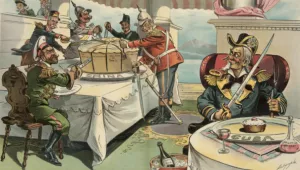"No chance to criticize." Uncle Sam sits at a table on which is a small cake on a platter labeled "Cuba," with a decanter labeled "Philippine Islands" on the table and a bottle labeled "Porto Rico" in an ice bucket. On the left, John Bull (Britain) and other colonial powers hold swords slicing a large cake on a platter labeled "China." John Bull (to the Powers): "What are you mad about? We can't grudge him a light lunch while we are feasting!"