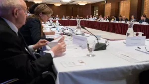Martin Feldstein and Smantha Power (left) listen to discussions during the 2017 annual meeting of the Belfer Center International Council.