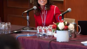 Kori Schake (left), Deputy Director-General of the International Institute for Strategic Studies, comments during a discussion on how learning from World War I can help prevent World War III.