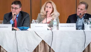 Valerie Plame, a former covert operations officer and current candidate for U.S. Congress, recalls the impact of her cover being blown in political retaliation. Former Republican Congressman Mike Rogers took part in the discussion.