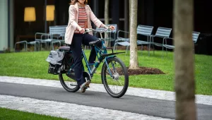 Amanda Sardonis in her natural habitat - riding her bike to work.