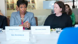 Debora Plunkett makes a point during a Belfer Center seminar on "Humans and Machines in Cybersecurity." She was joined in the discussion by Google's Heather Adkins.