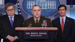 Chairman of the Joint Chiefs of Staff Gen. Mark Milley speaks about military operations during the daily White House coronavirus press briefing flanked by Attorney General William Barr (L) and Defense Secretary Mark Esper April 1, 2020 in Washington, DC
